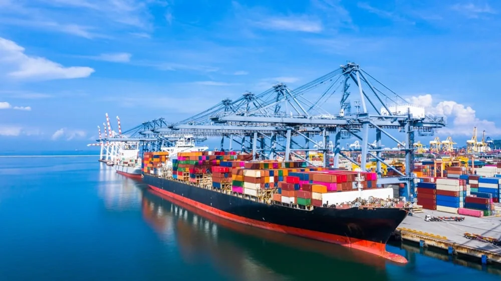 Container vessel at an international cargo terminal for Cambodia freight forwarding